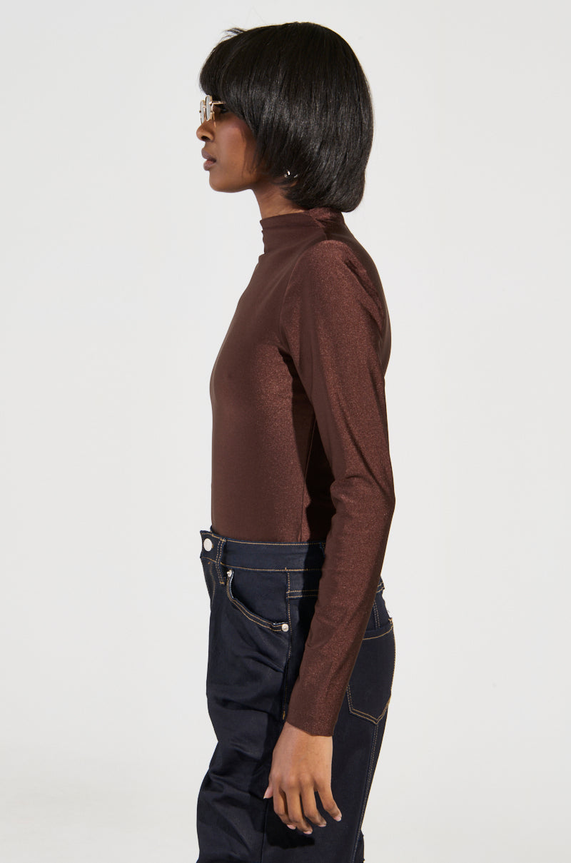 PAXTON DISCO LONG SLEEVE MOCK NECK BODYSUIT IN BROWN