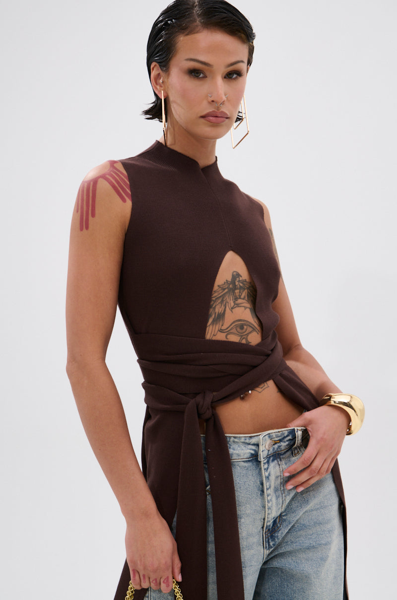 OVER THE TOP CUTOUT SWEATER IN CHOCOLATE BROWN