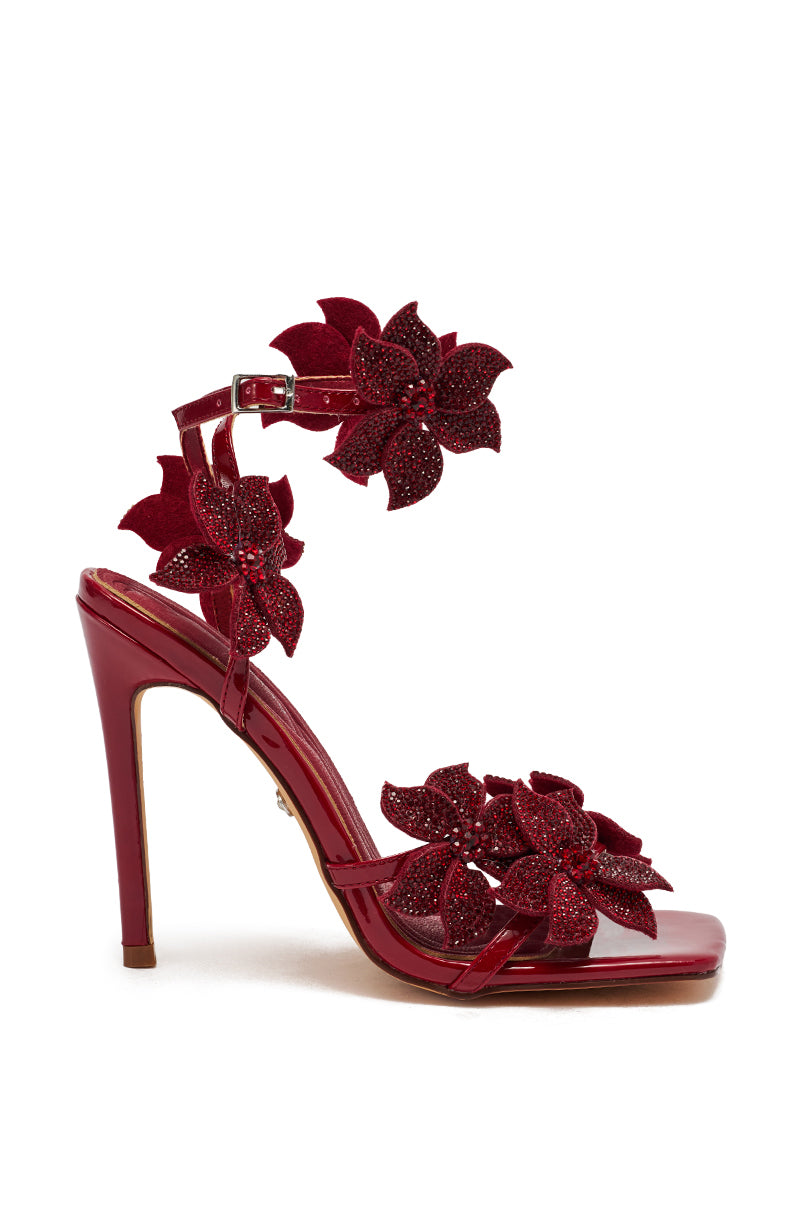 AZALEA WANG ROMI DARK CHERRY RHINESTONE FLORAL EMBELLISHED SANDAL