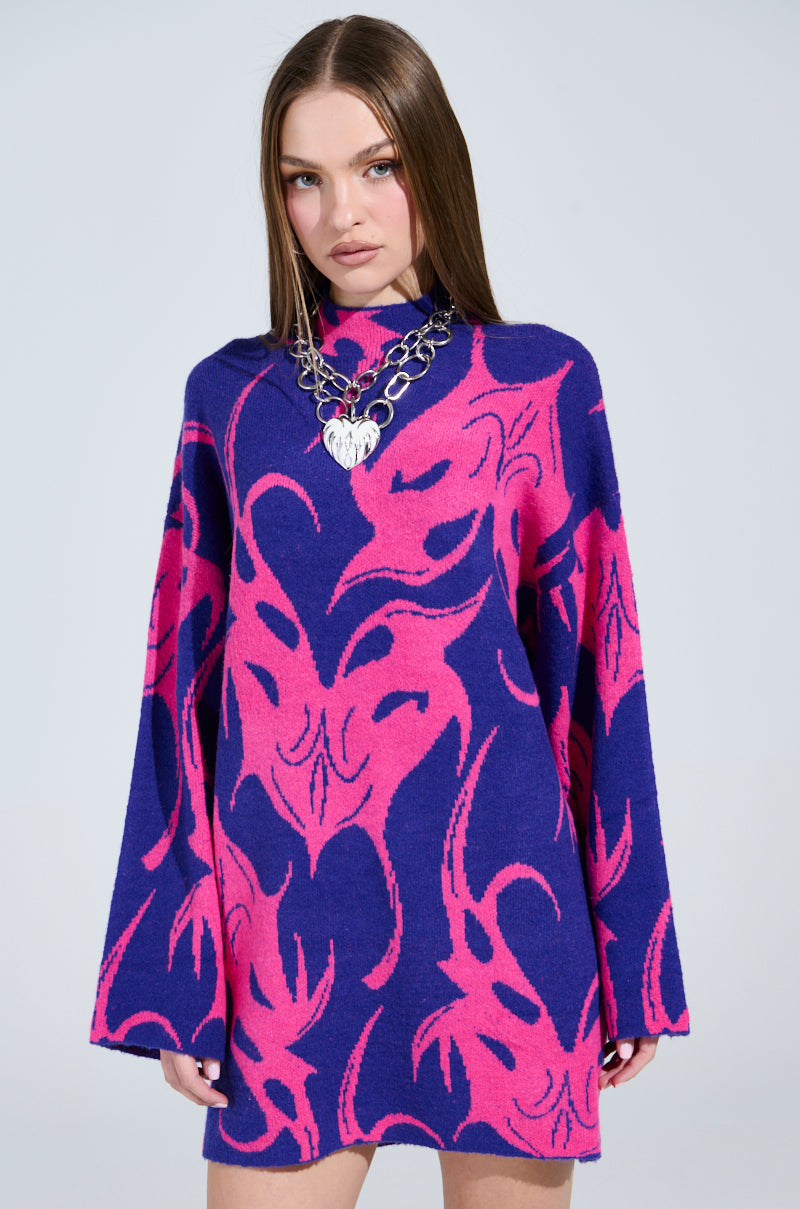 MUSHU GRAPHIC SWEATER DRESS IN BLUE AND PINK
