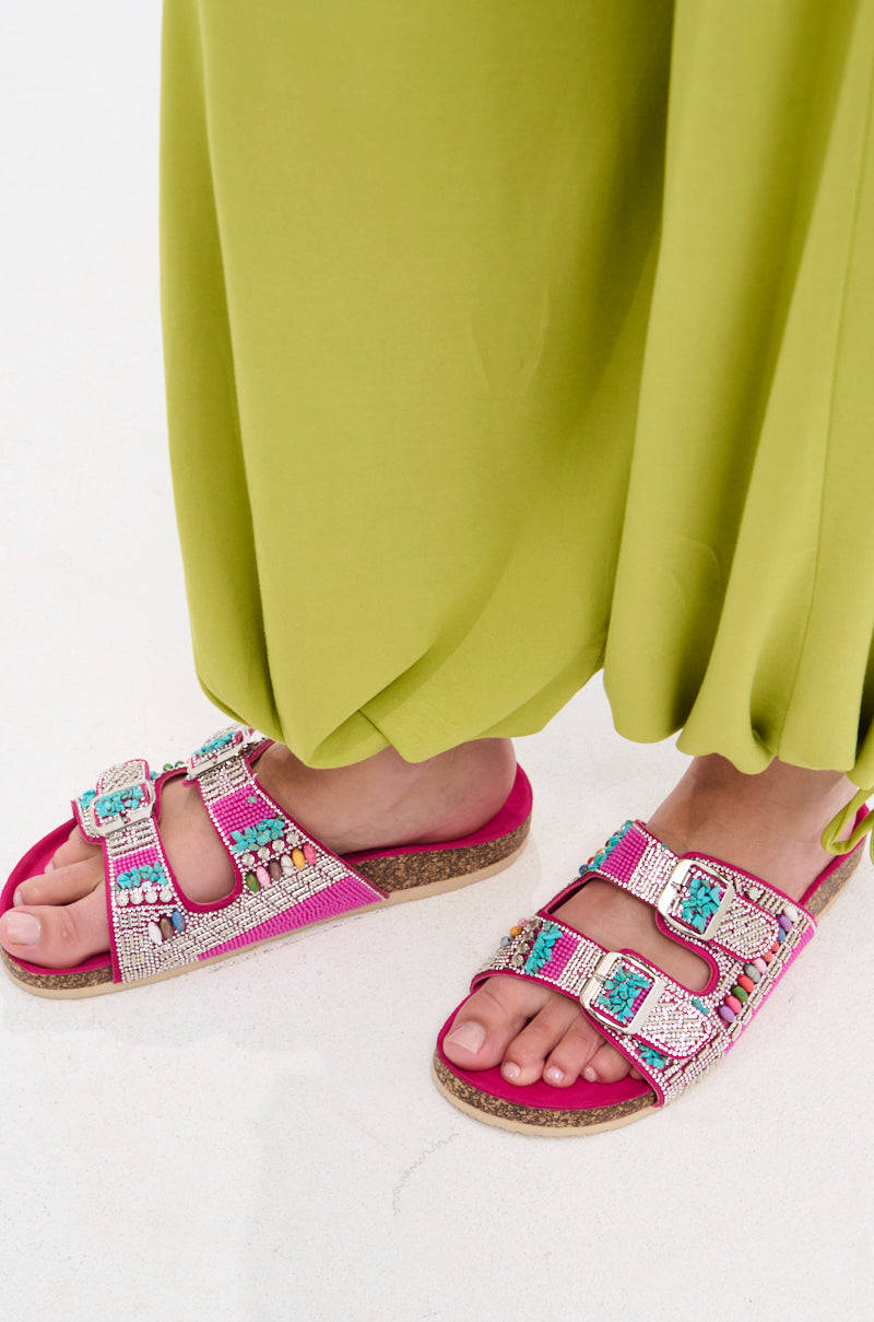 AKIRA RUVY FUCHSIA STONE EMBELLISHED FLAT SANDAL