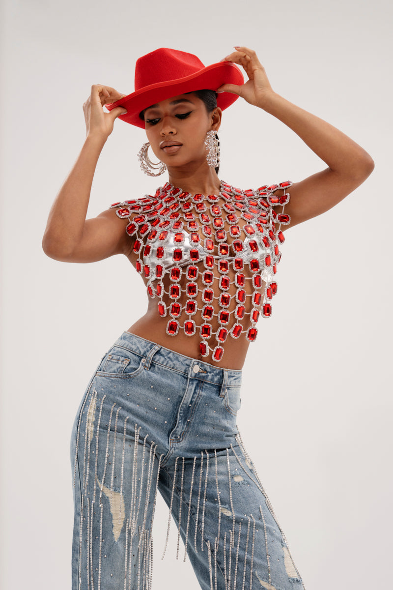 BEJEWELED RUBY SLEEVELESS TOP