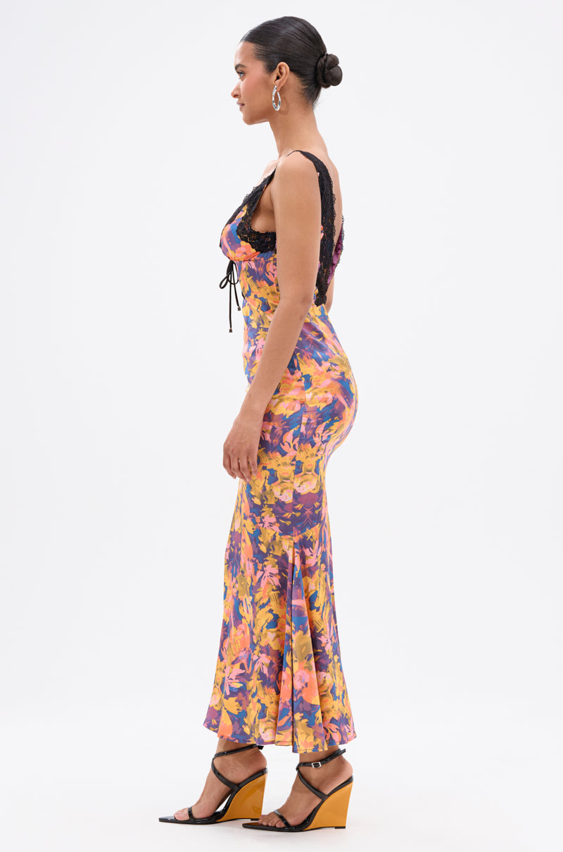 RYAN FLORAL PRINTED SATIN MIDI DRESS