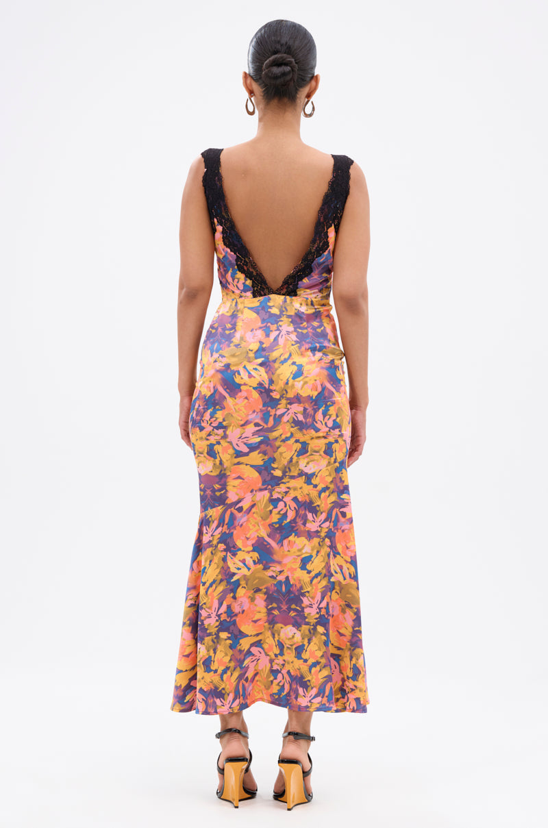 RYAN FLORAL PRINTED SATIN MIDI DRESS