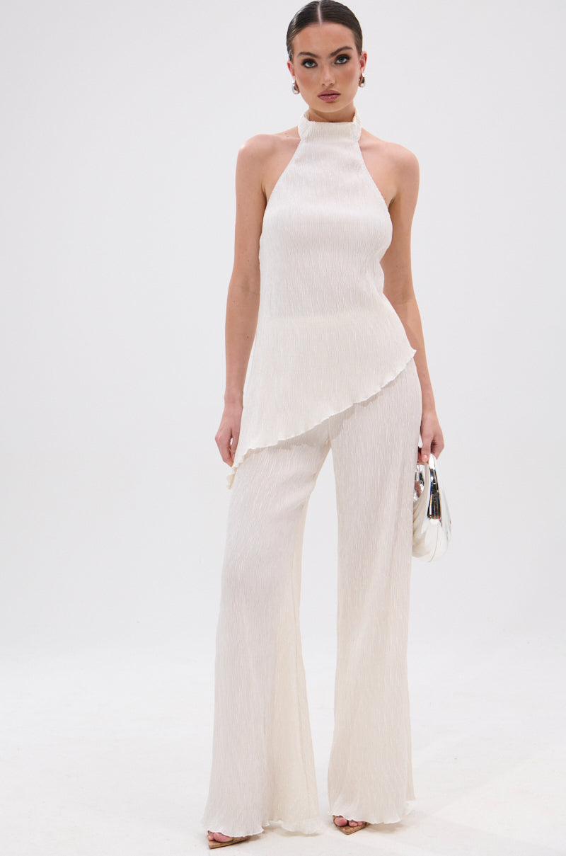 OLIVIA PLISSE HALTER NECK ASYMMETRICAL TOP IN WHITE