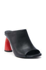AZALEA WANG SIDLE BLACK SLIP ON MULE SANDAL WITH RED HEEL