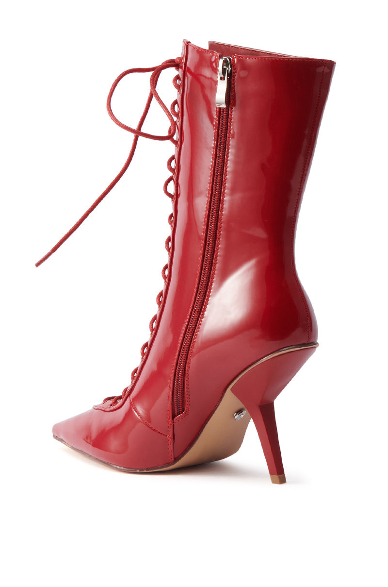 AZALEA WANG SILVA RED LACE UP STILETTO BOOTIE