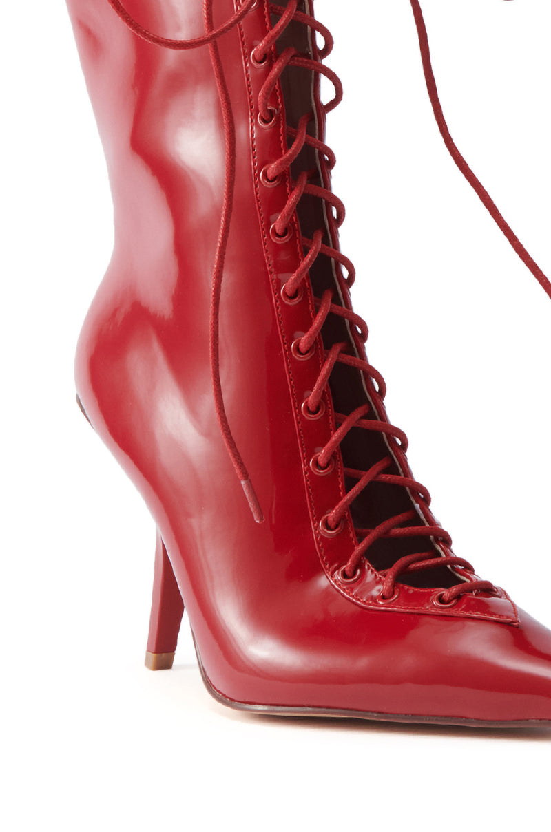 AZALEA WANG SILVA RED LACE UP STILETTO BOOTIE