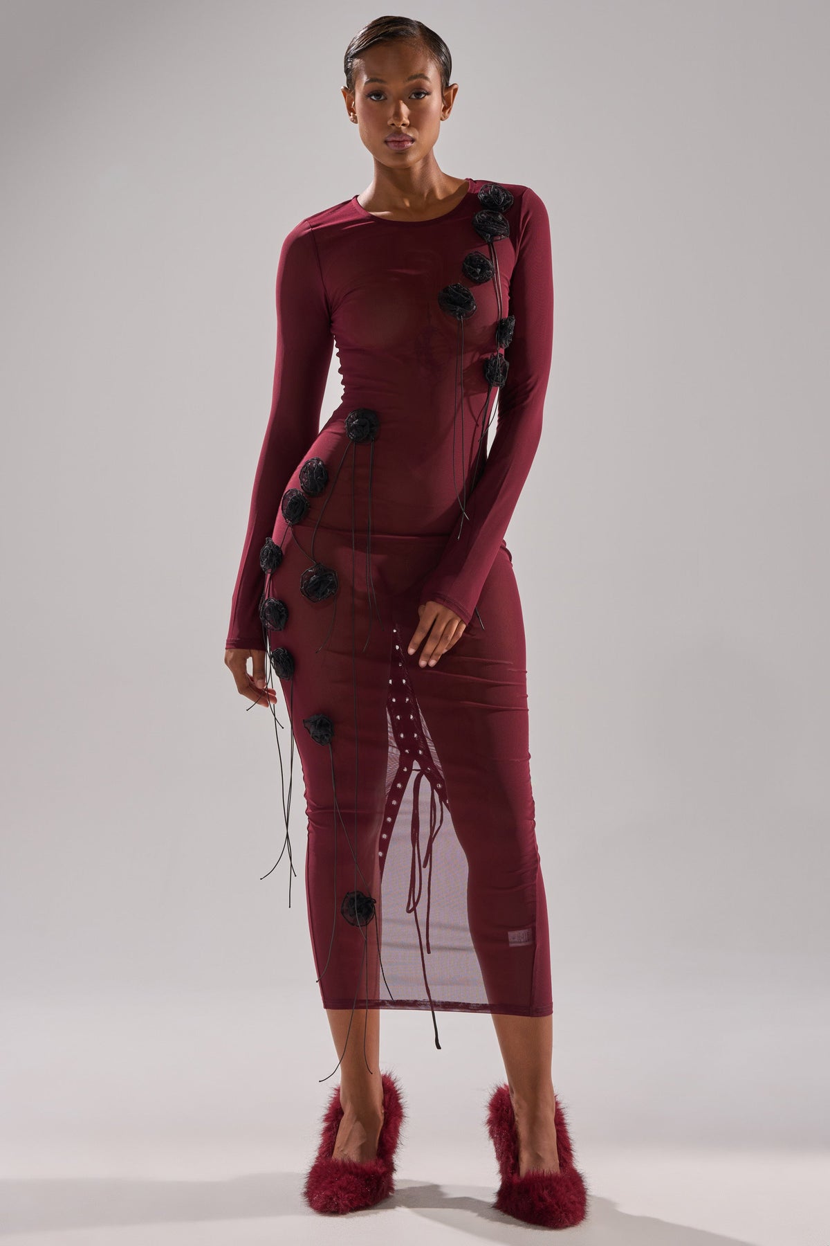 OBVIOUSLY MESH MIDI DRESS IN BURGUNDY