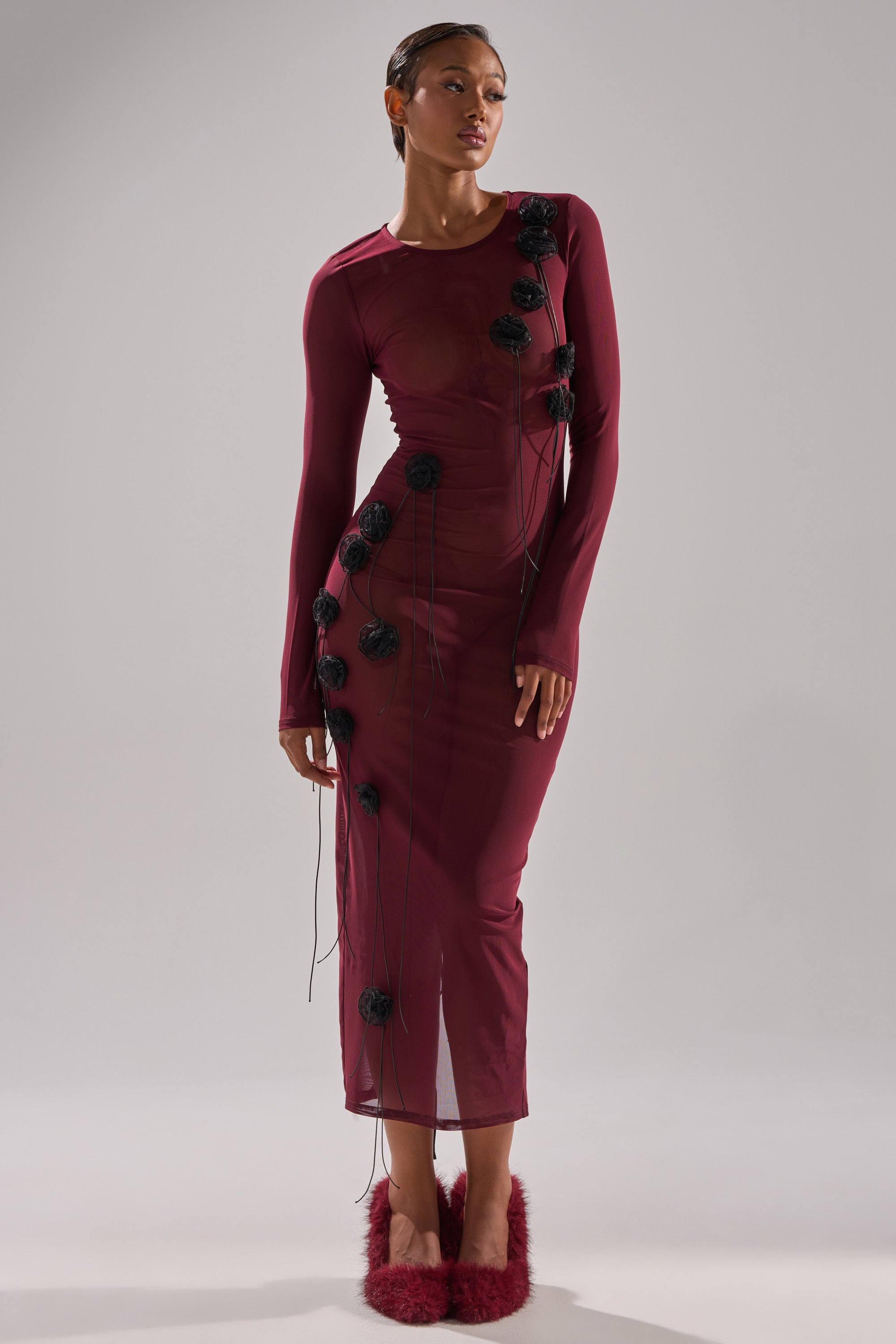 OBVIOUSLY MESH MIDI DRESS IN BURGUNDY