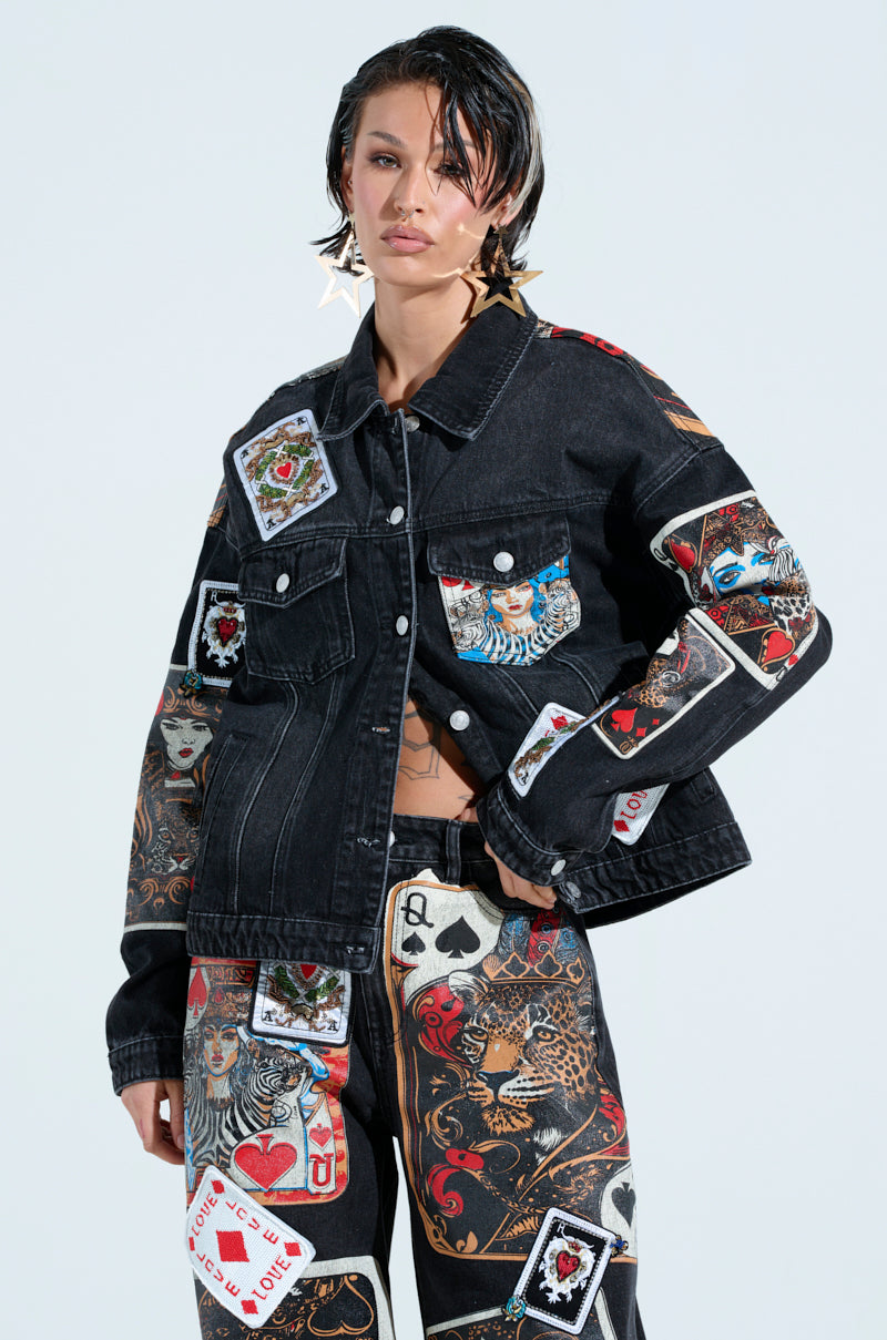 QUEEN OF HEARTS PRINTED AND EMBELLISHED DENIM JACKET