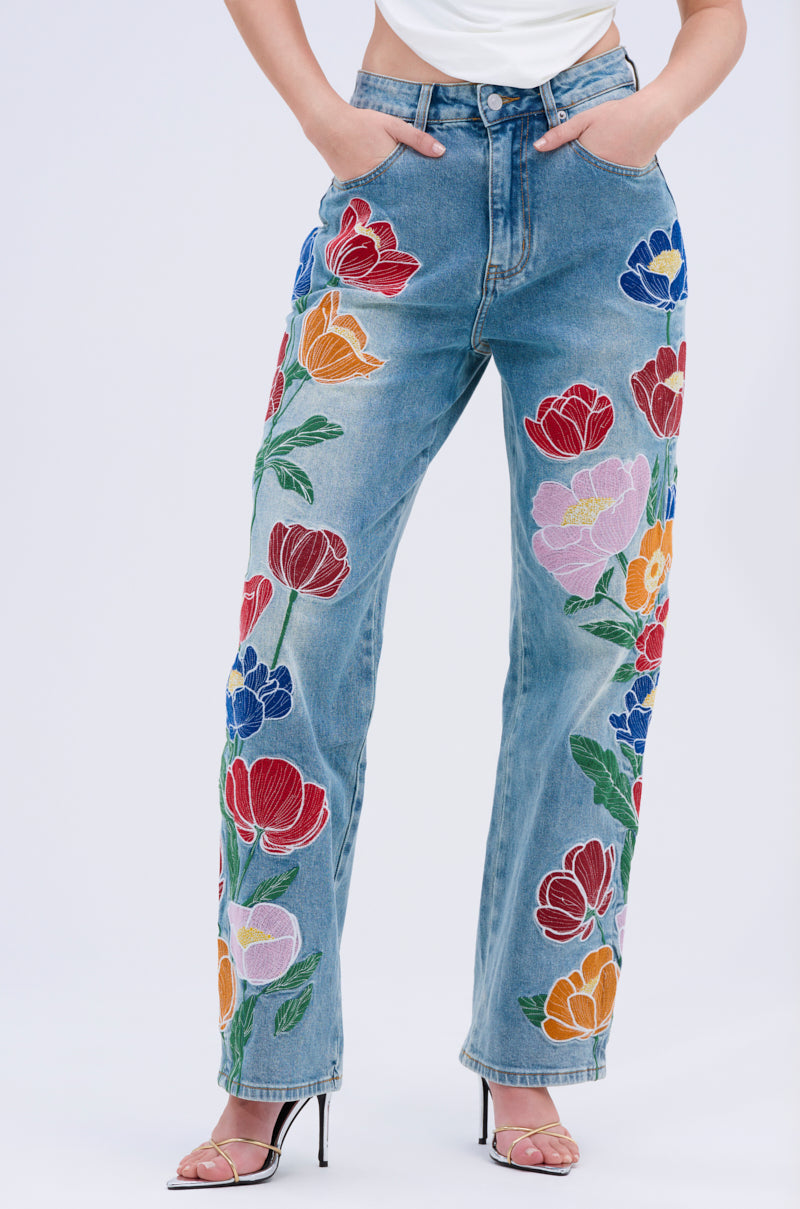 INTO THE GARDEN FLORAL EMBROIDERED DENIM JEANS