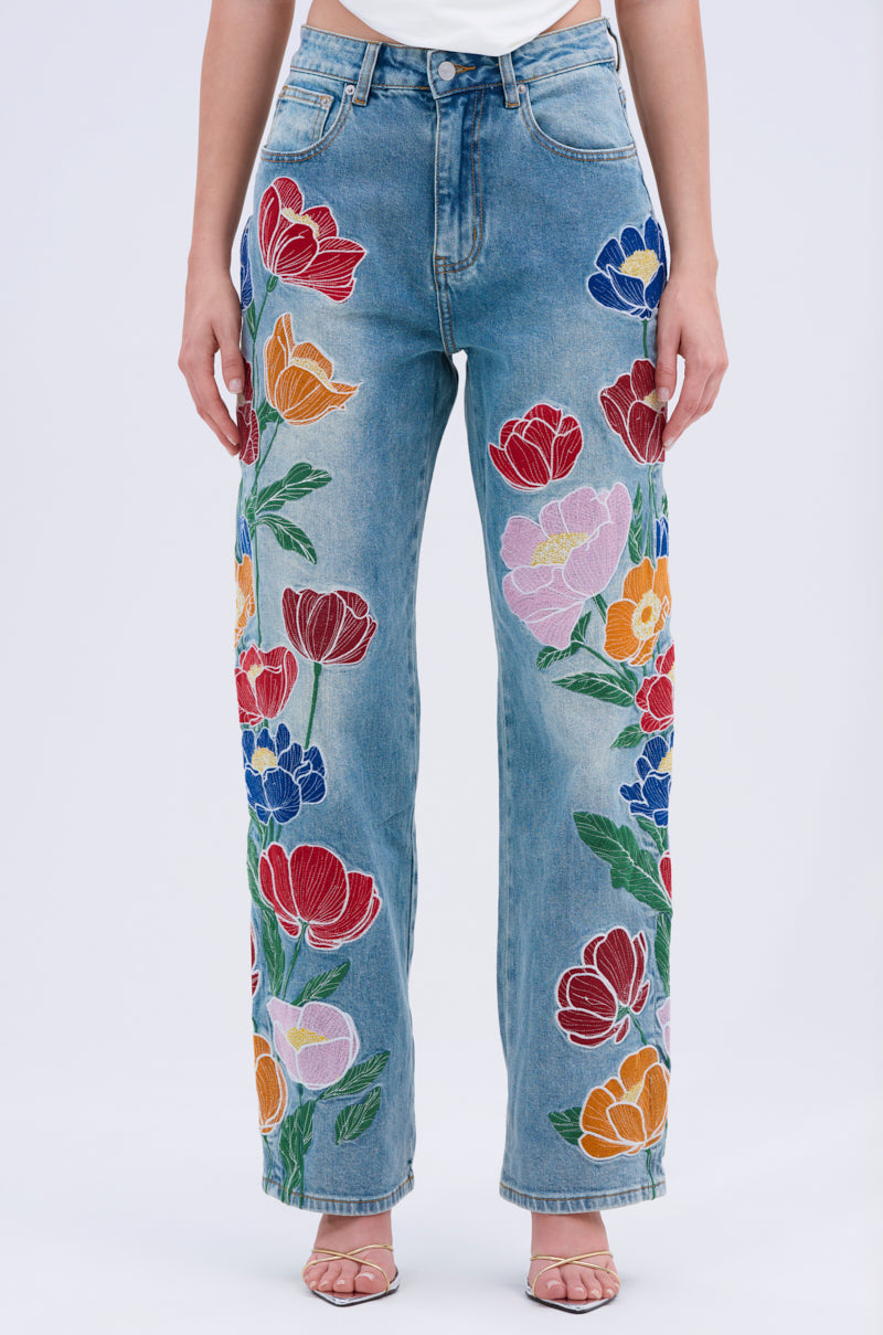 INTO THE GARDEN FLORAL EMBROIDERED DENIM JEANS