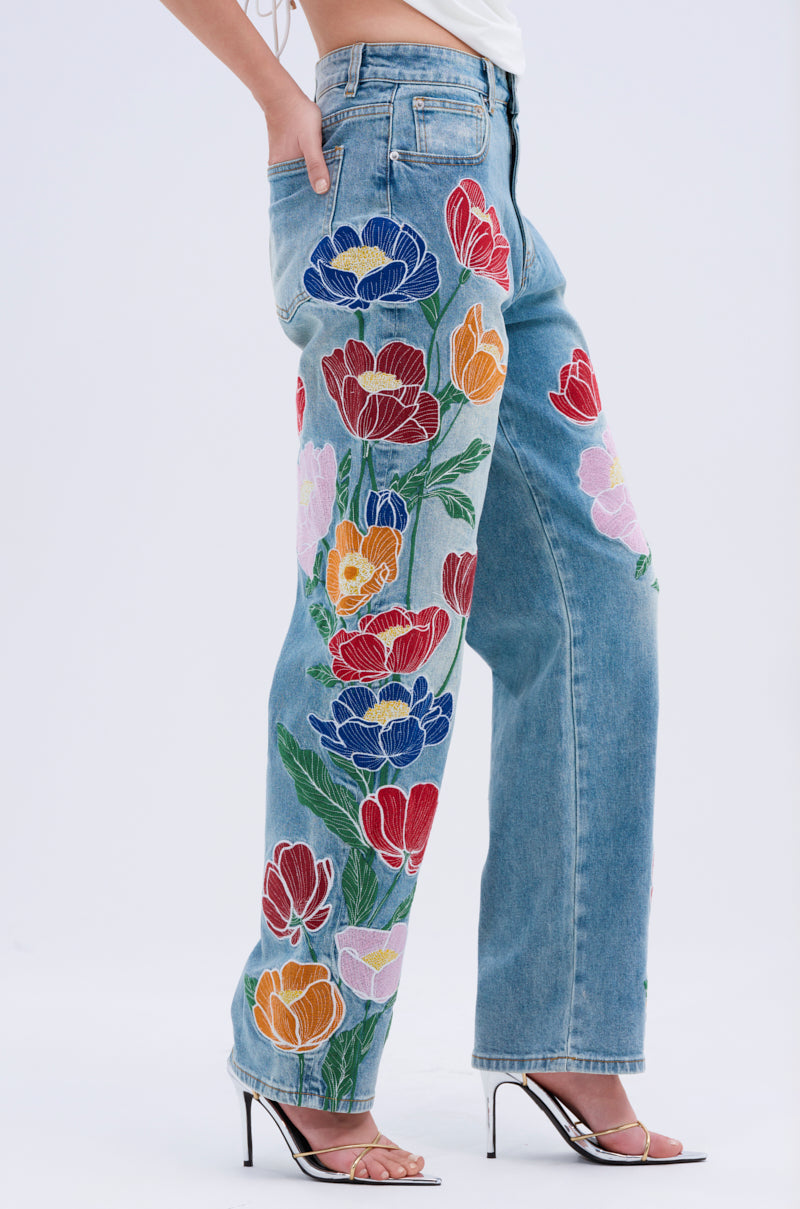 INTO THE GARDEN FLORAL EMBROIDERED DENIM JEANS