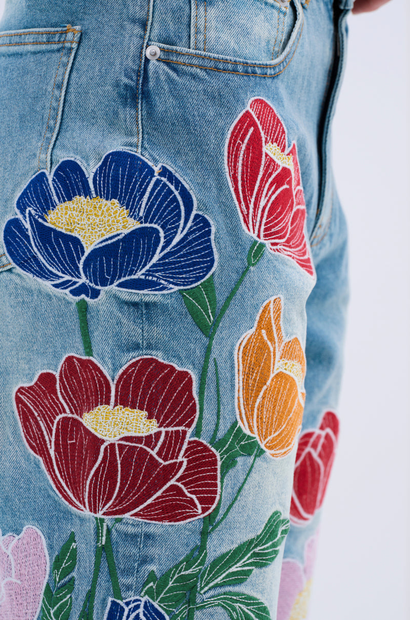 INTO THE GARDEN FLORAL EMBROIDERED DENIM JEANS