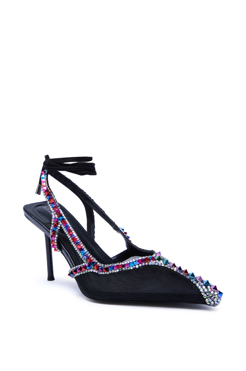 AZALEA WANG SPEEDYIE BLACK MULTI MESH AND MULTI COLORED RHINESTONES PUMP