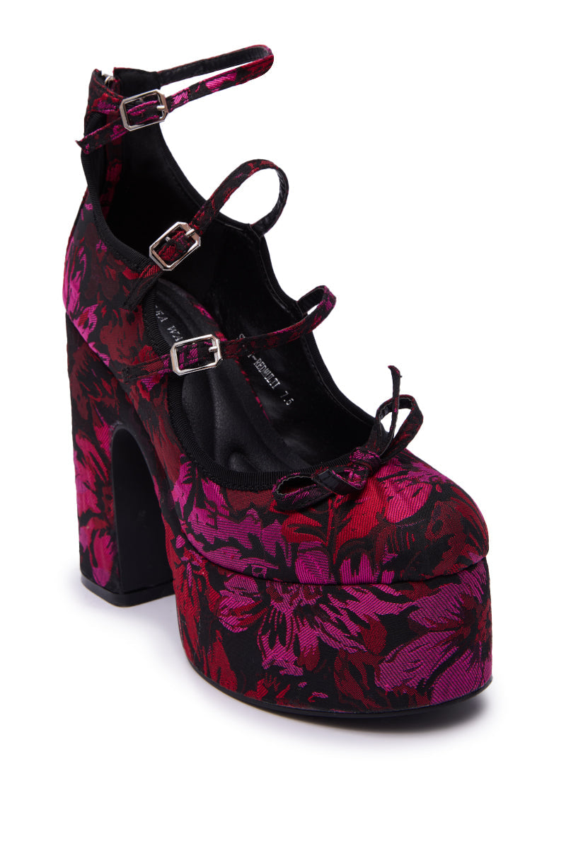 AZALEA WANG SPROUT RED MULTI FLORAL BROCADE MARY JANE PLATFORM PUMP