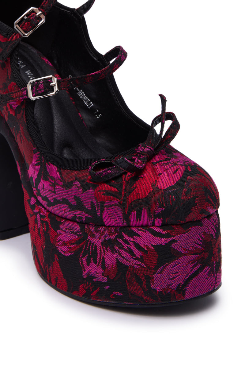 AZALEA WANG SPROUT RED MULTI FLORAL BROCADE MARY JANE PLATFORM PUMP
