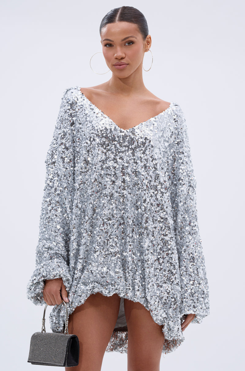 GISELLE SEQUIN SWEATSHIRT DRESS IN SILVER