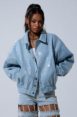 SEQUIN OVERLAY DENIM BOMBER