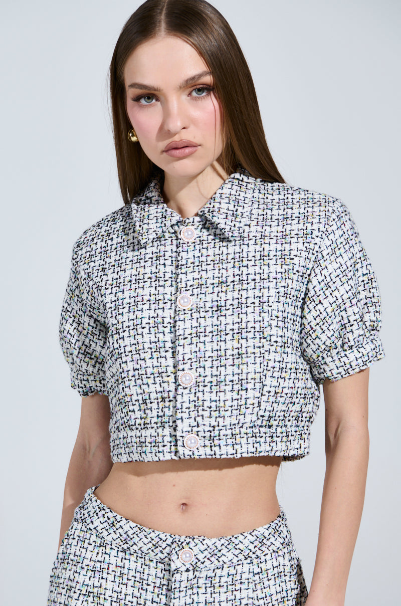 LULU SHORT SLEEVE TWEED BLOUSE