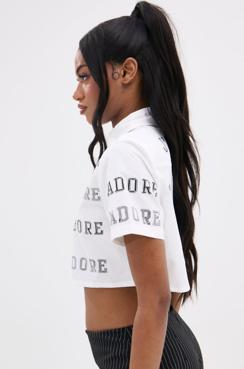 J'ADORE RHINESTONE CROPPED BUTTON DOWN