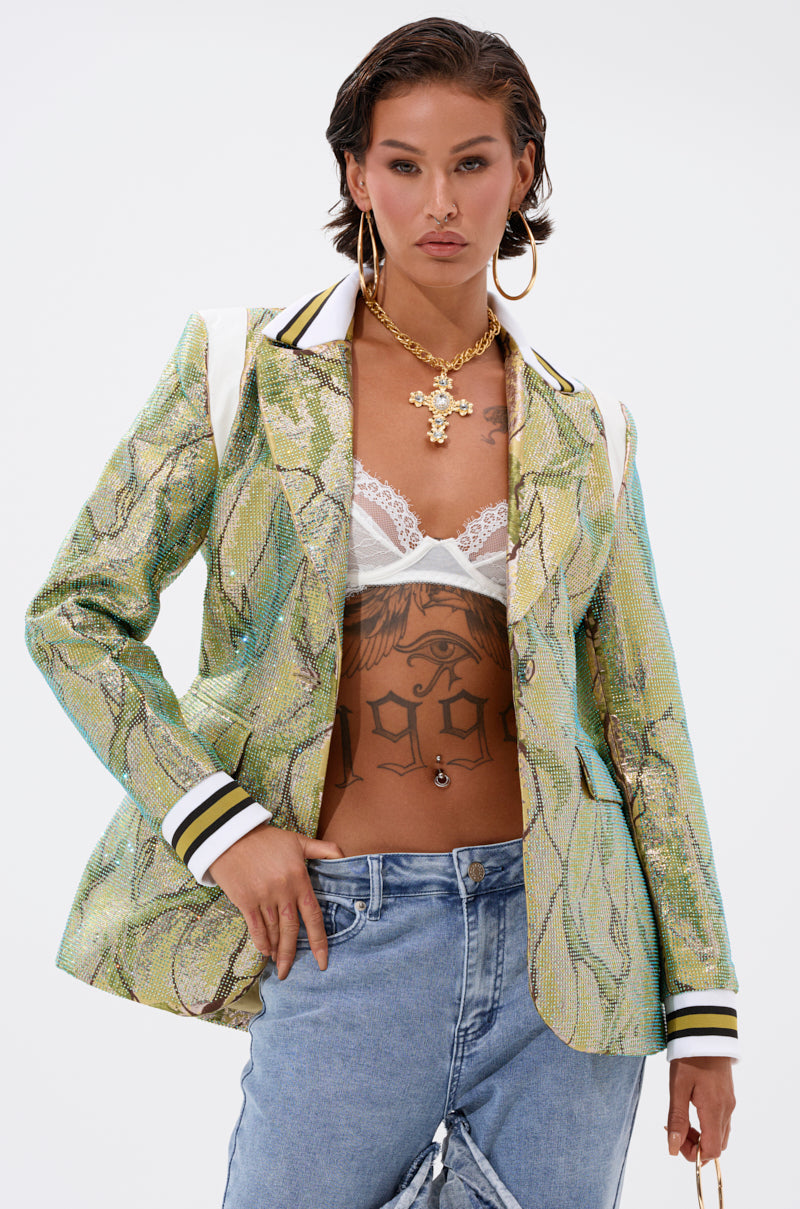 DON'T TRY ME EMBELLISHED BROCADE BLAZER