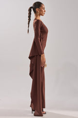 KYLIE MAXI DRESS WITH RUFFLE SLEEVES IN BROWN