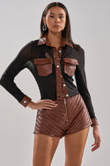 GALAXY MESH BUTTON DOWN WITH FAUX LEATHER TRIM