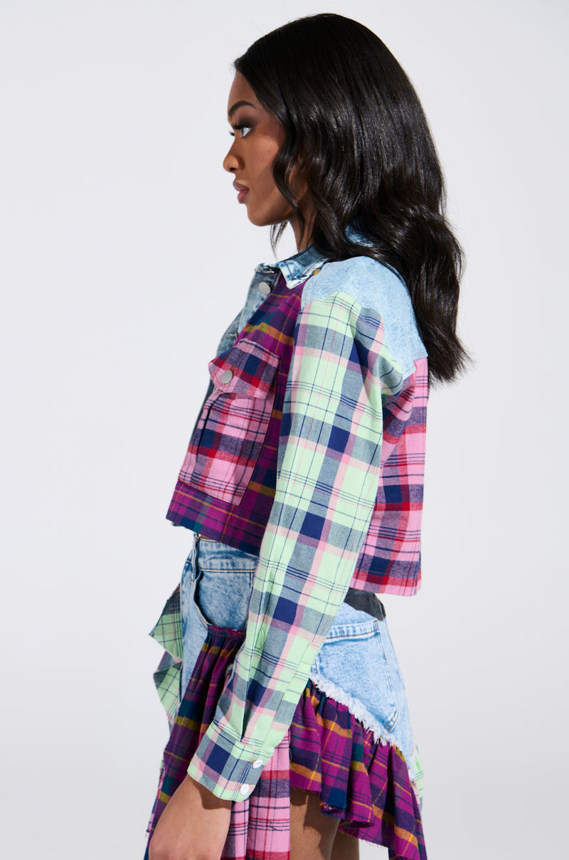THINK ABOUT ME MORE BUTTON DOWN TOP WITH PLAID DETAILS