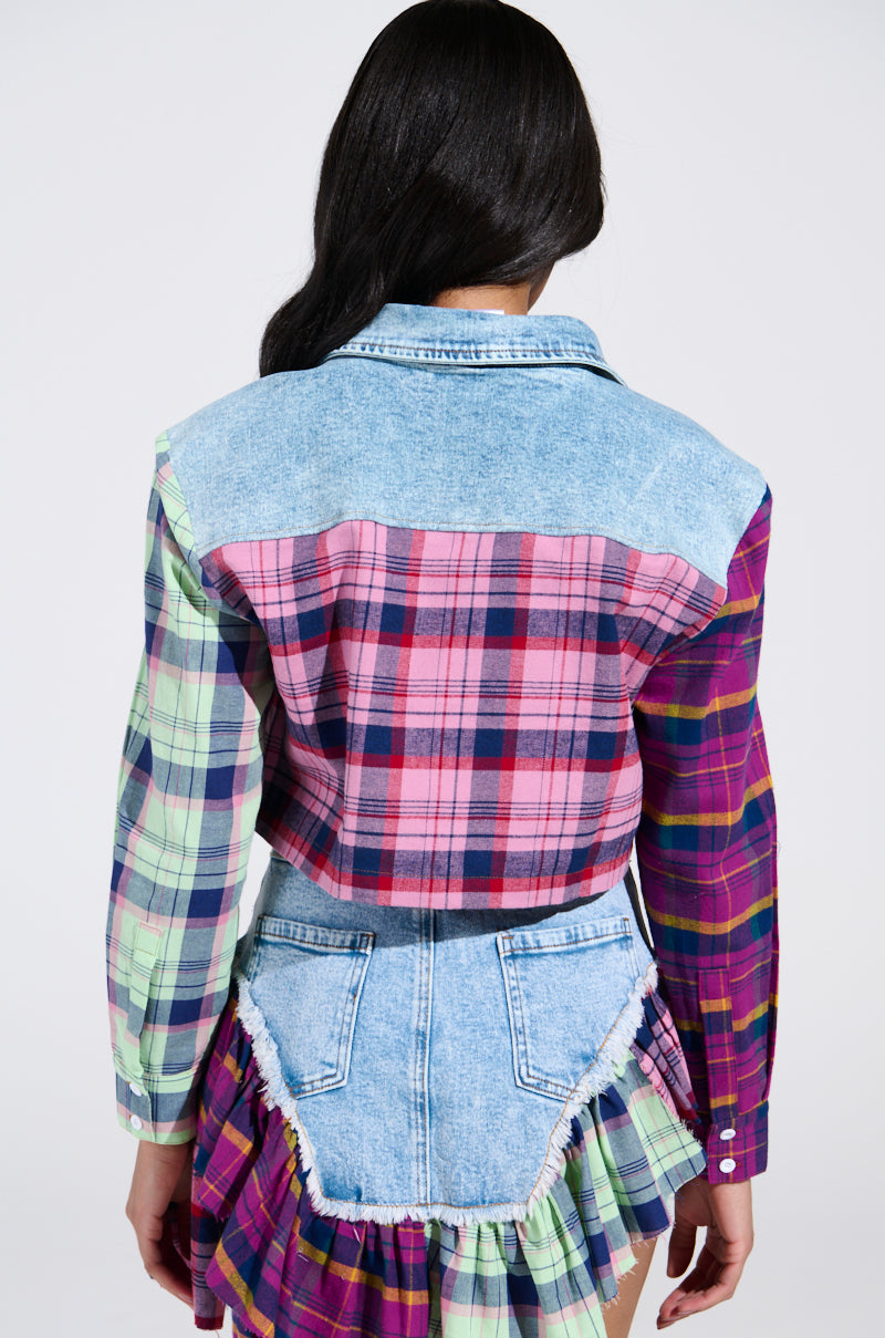 THINK ABOUT ME MORE BUTTON DOWN TOP WITH PLAID DETAILS