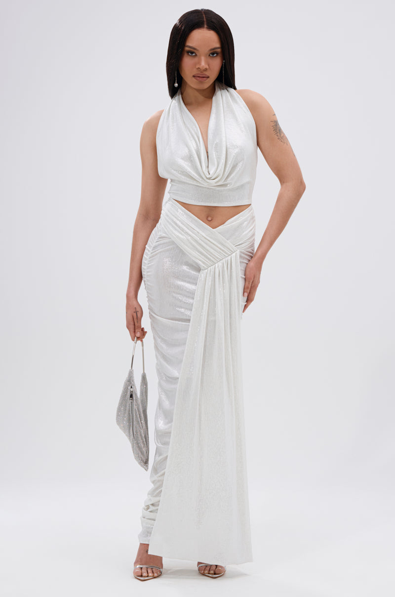 ALL OF THE GLAMOUR SLINKY MAXI SKIRT IN WHITE
