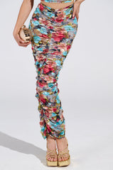 BURNT OUT CRUSHED VELVET RUCHED MAXI SKIRT