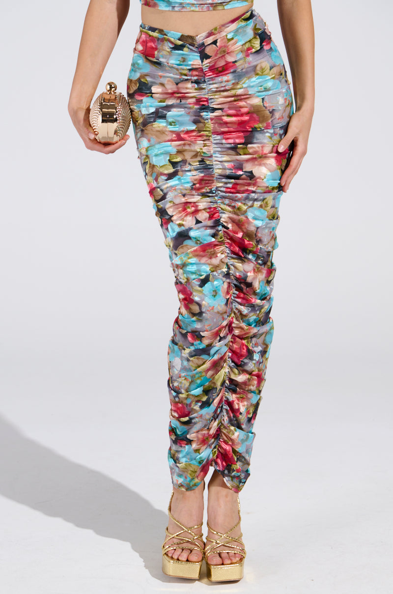 BURNT OUT CRUSHED VELVET RUCHED MAXI SKIRT