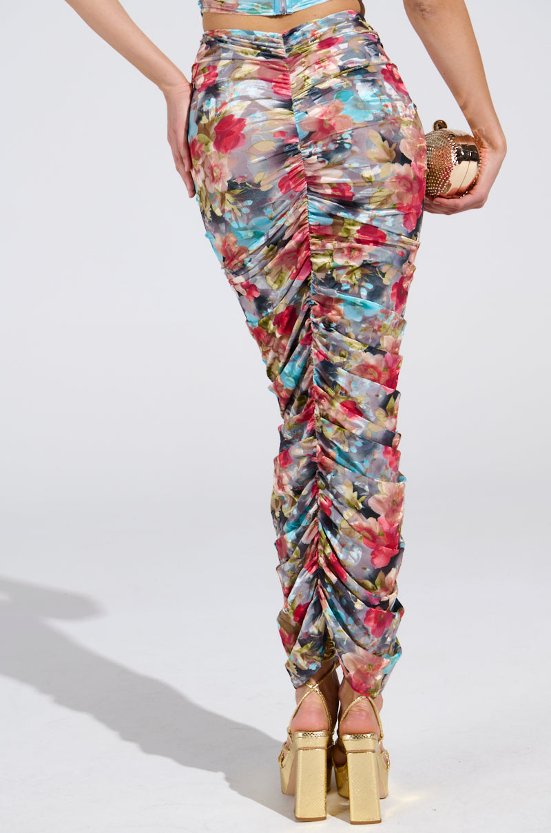 BURNT OUT CRUSHED VELVET RUCHED MAXI SKIRT