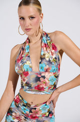 BURNT OUT CRUSHED VELVET FLORAL HALTER TOP