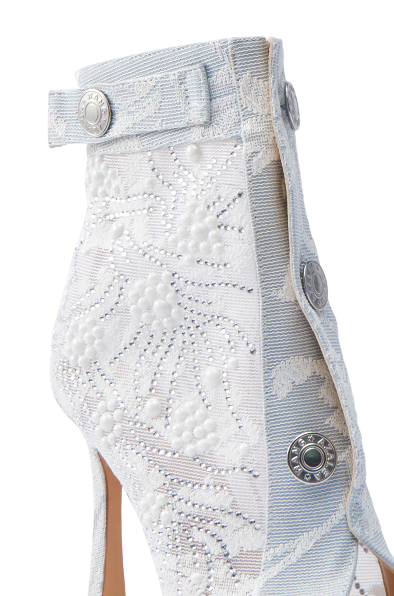 AZALEA WANG TANDY BLUE DENIM OPEN TOE EMBELLISHED BOOTIE