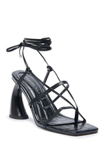 AZALEA WANG TARANIS BLACK CURVED CHUNKY HEEL LACE UP SANDAL
