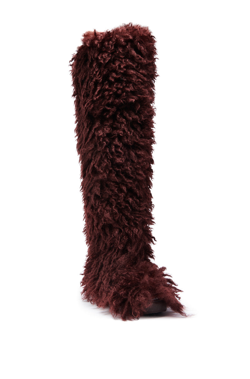 AZALEA WANG TEMPLETON BURGUNDY FAUX POODLE FUR OVER THE KNEE BOOT