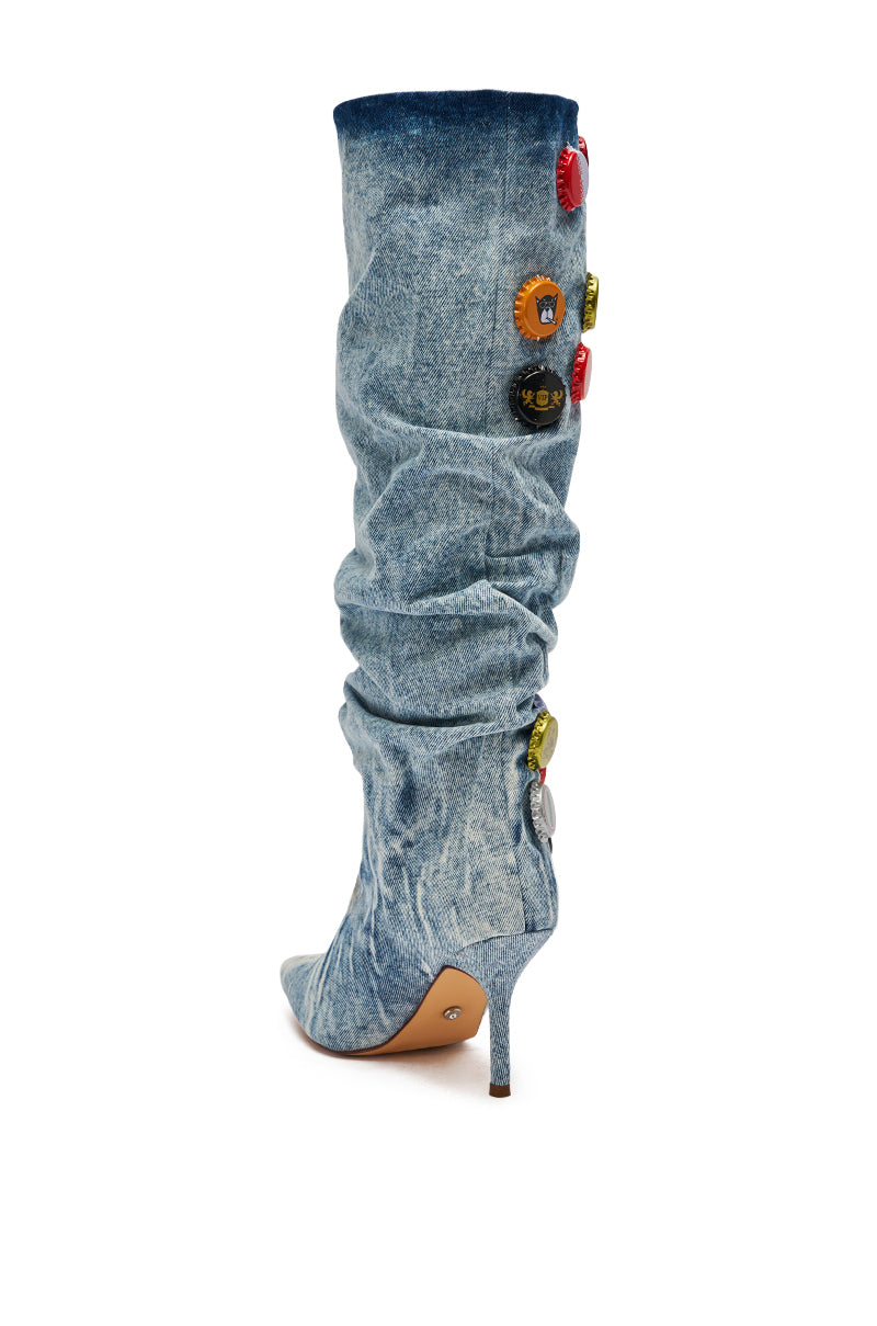 AZALEA WANG THELEN DENIM BOTTLE CAP STILETTO BOOT