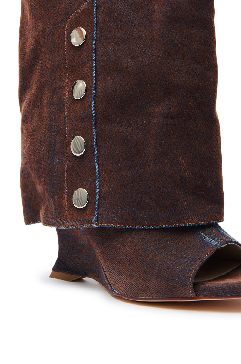 AZALEA WANG TINSELED BURNT ORANGE HIDDEN WEDGE OPEN TOE BOOTIE