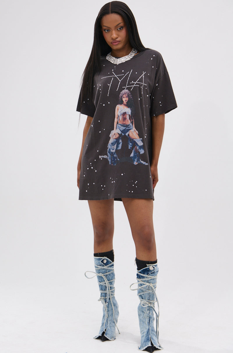 IT GIRL SPLATTERED GRAPHIC TSHIRT DRESS WITH RHINESTONES