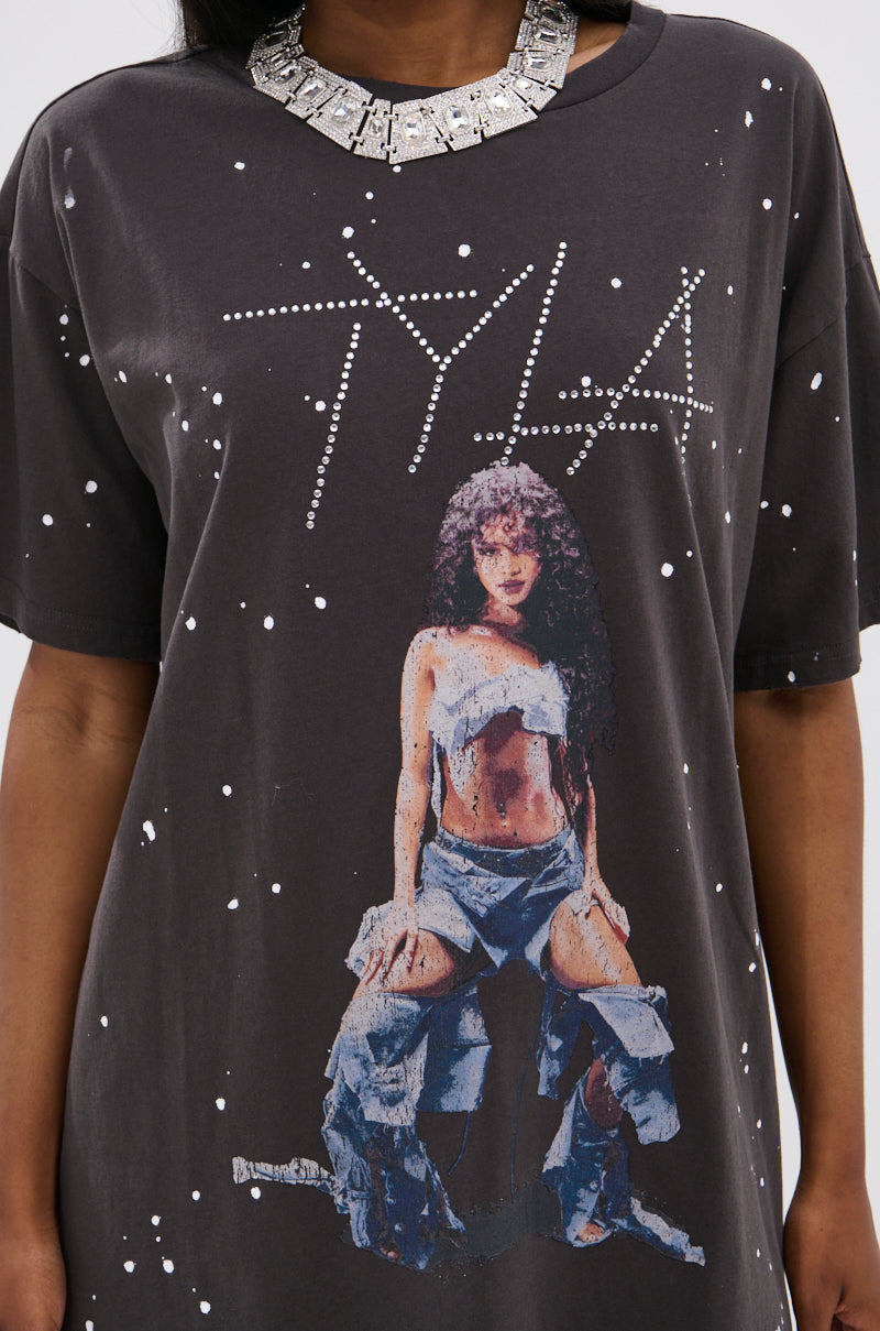 IT GIRL SPLATTERED GRAPHIC TSHIRT DRESS WITH RHINESTONES