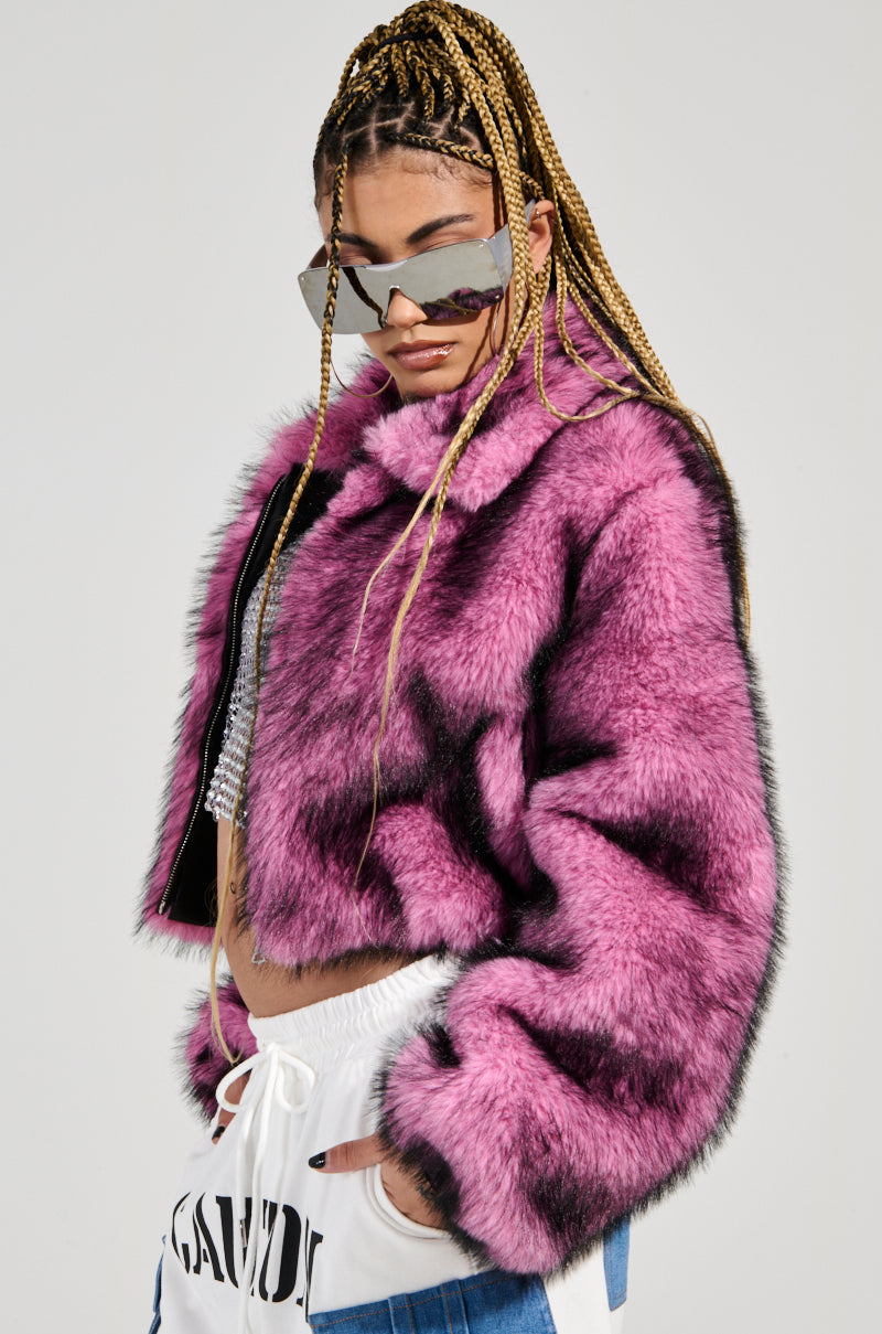 NOW YOU SEE ME FAUX FUR BOMBER IN PINK
