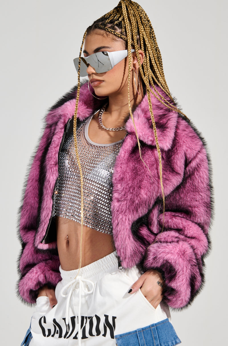 NOW YOU SEE ME FAUX FUR BOMBER IN PINK