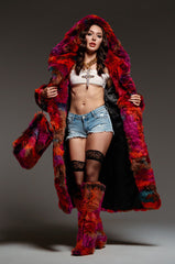 UPSETTER MAXI FAUX FUR COAT IN PINK MULTI