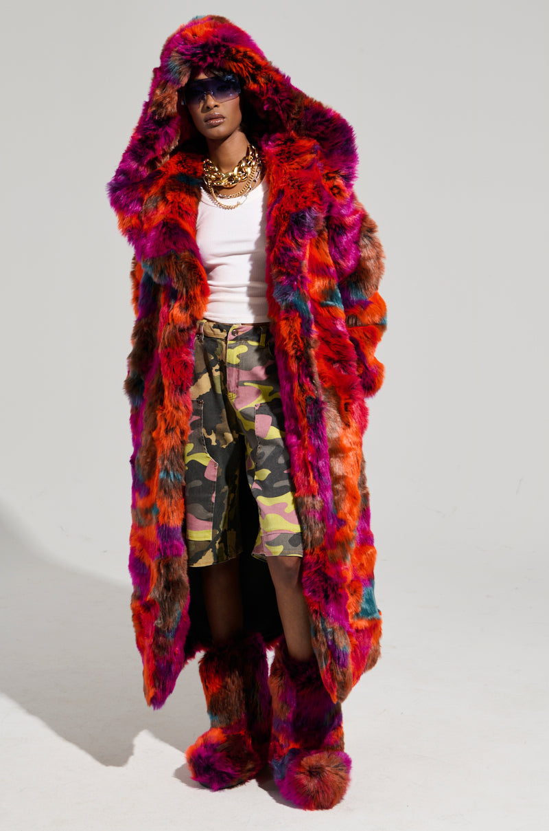 UPSETTER MAXI FAUX FUR COAT IN PINK MULTI