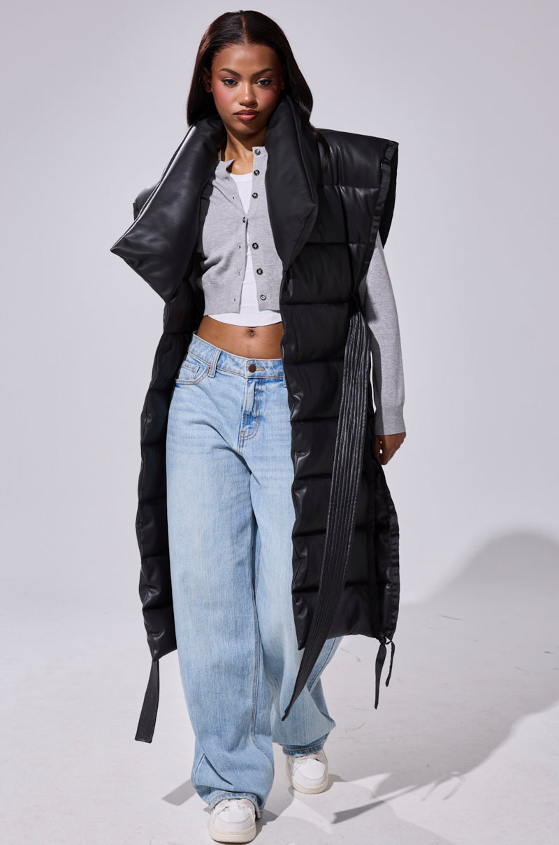 PILOT JONES LONGLINE PUFFER VEST IN FAUX LEATHER