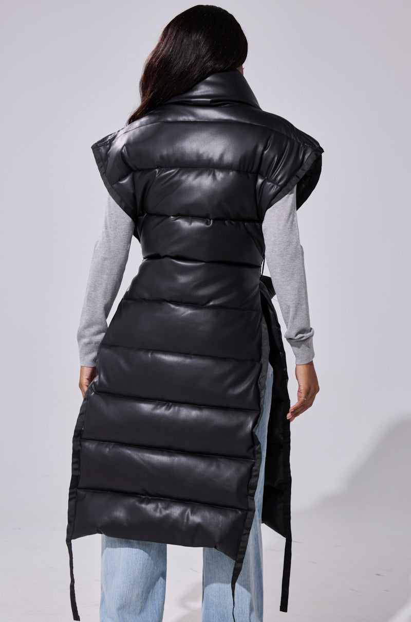 PILOT JONES LONGLINE PUFFER VEST IN FAUX LEATHER