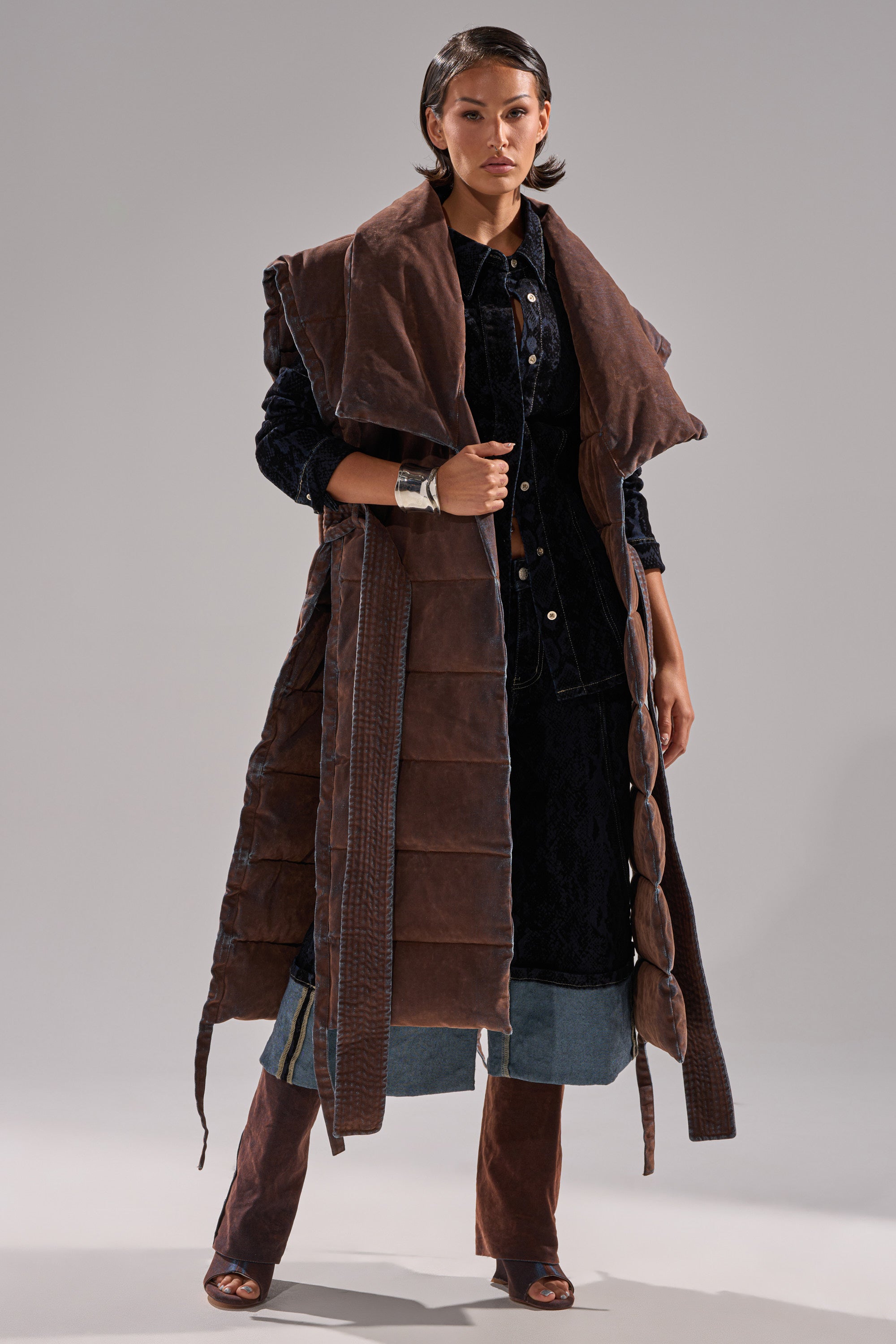 PILOT JONES LONGLINE PUFFER VEST IN VELVET DENIM